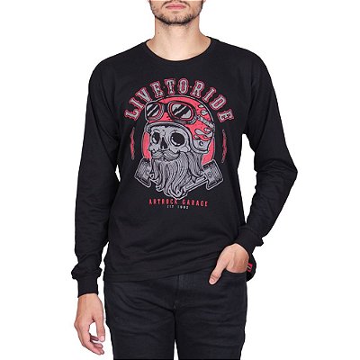 Camiseta Manga Longa Moto Skull Ride Preta