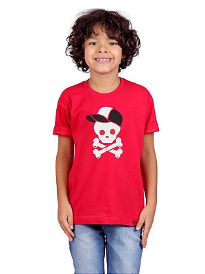 Camiseta Infantil Caveira Boné Vermelha.