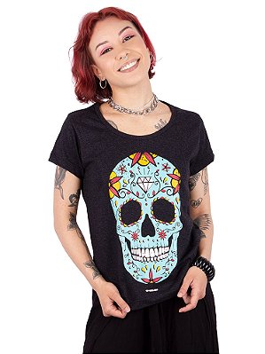 Camiseta Feminina Caveira Mexicana Preta Jaguar