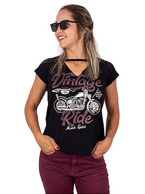 Blusa Choker Moto Vintage Ride Preta