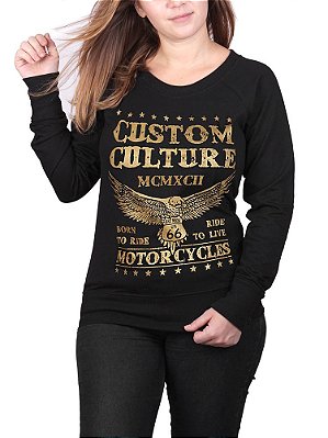 Moletinho Feminino Custom Culture Raglan Preto - Slim