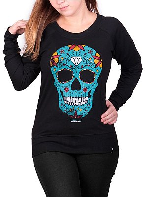 Moletinho Feminino Caveira Mexicana Raglan Preto - Slim