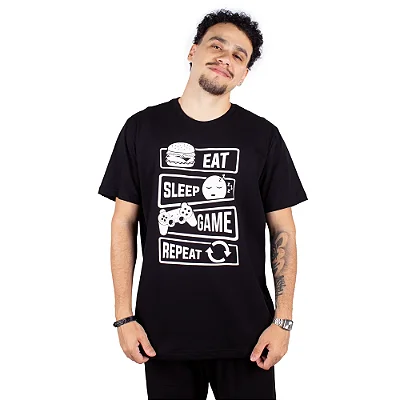 Camiseta Eat Sleep Game Repeat - Preta.