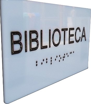 Placa de Braille 20x09 cm acrílico branco texto e braille preto PB2009BP e logo
