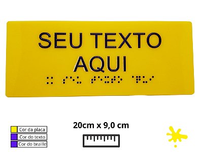 Placa de Braille 20x9 cm, acrílico amarelo, texto e braille na cor azul PBAM2009BA