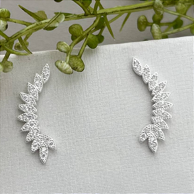 Brinco Ear Cuff Folhas Cravejadas - 2,5 cm - Prata 925 - Garantia Vitalícia no Material
