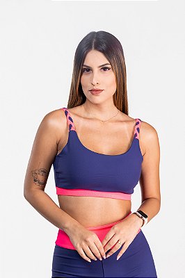 Top Ariana marinho com rosa neon alça tripla em trança - PORLE