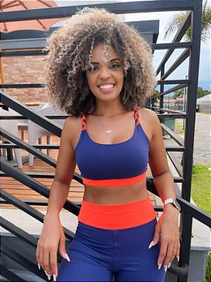 Top Ariana marinho com laranja Com Alça Tripla de Trança - Porle