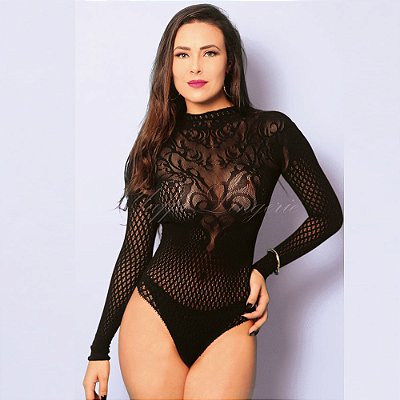 Body De Manga Comprida  Decote Costas Floral Preto - Yaffa Lingerie