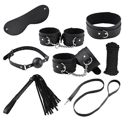 KIT BONDAGE - Kit Sado Erótico em Couro Sintético com Mordaça Corda Coleira Chicote Venda Algemas Tornozeleiras