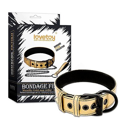 LOVETOY BONDAGE FETISH COLLECTION - Coleira em Couro Sintético com Corrente de Metal | COR: DOURADO