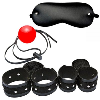 Kit Bondage Algema Tornozeleira com Regulador Tiras 80Cm  Venda Mordaça Modelo Bola - Dominatrixxx