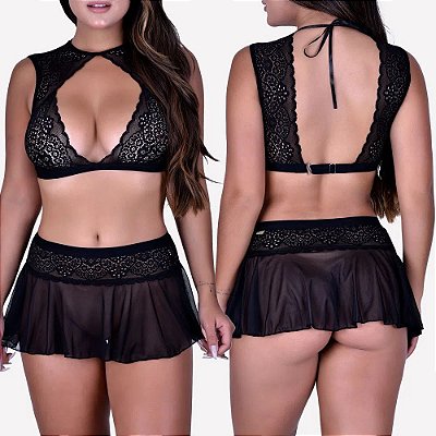 LINGERIE SENSUALLE - Conjunto Glória em Renda de Cropped e Saia Curta Tamanho Único | Cor: Preto