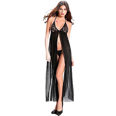 BODYSTOCKING - Vestido Longo Rendado com Decote e Com Abertura Nas Costas Veste Do P ao Plus Size