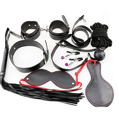 MEAME SEXTOYS - Kit Sado Erótico Em Couro Sintético com 8 Itens COR: Preto