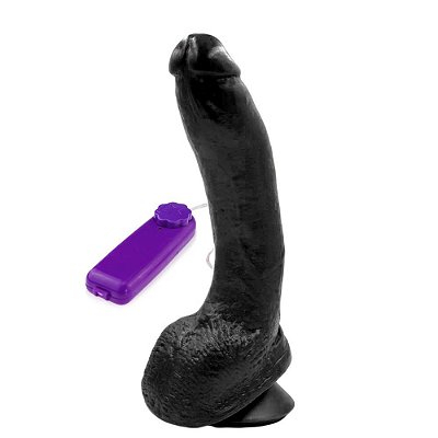 Pênis Realístico Em Formato Curvo Com Vibrador, Glande Definida, Veias, Escroto E Ventosa - 24,4 X 5,0 Cm | Cor: Preto