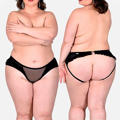 Calcinha Loucura Aberta Atrás em Tule e Lycra com Detalhe de Biju e Babados - Plus Size | Lingerie Sensualle