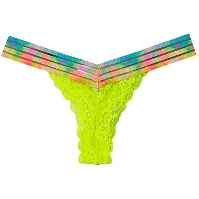 Lingerie Sensualle - Calcinha Fio Dental Em Renda Com Elástico Colorido Vai Dando | Cor: Verde Neon