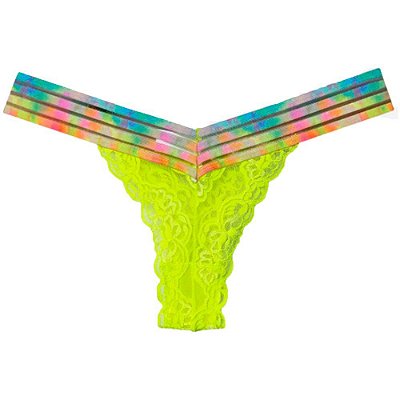 Lingerie Sensualle - Calcinha Fio Dental Em Renda Com Elástico Colorido Vai Dando | Cor: Verde Neon