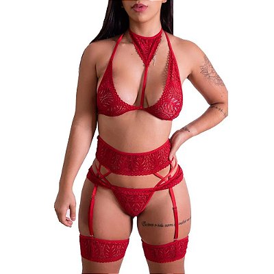 Conjunto Renda Coleira E Cinta-Liga - Lingerie Fascino