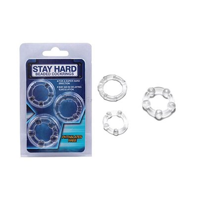 Conjunto com 3 Anéis Peniano com Esferas Estimuladoras Transparente - Stay Hard