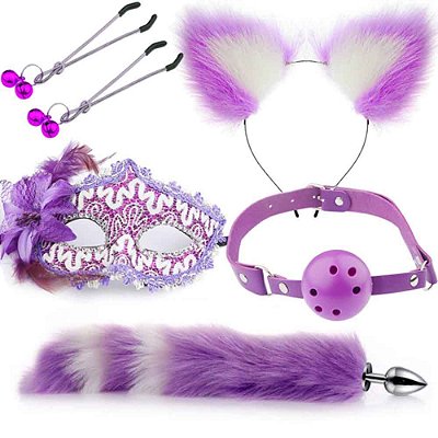 Plug Anal Com Cauda Tiara Mordaça Com Bola Prendedor Máscara Fantasia - Kit Fox