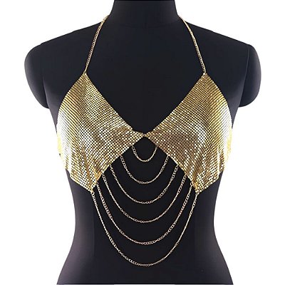 Top Metalizado Dourado com Correntes Decorativas