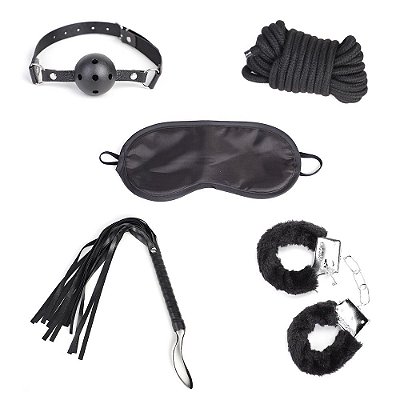 Kit Bondage: Algema, Venda, Chicote, Mordaça e Corda - Dominação BDSM