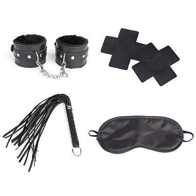 Kit Bondage: Algemas, Venda, Chicote e Adesivo - Peças Essenciais BDSM