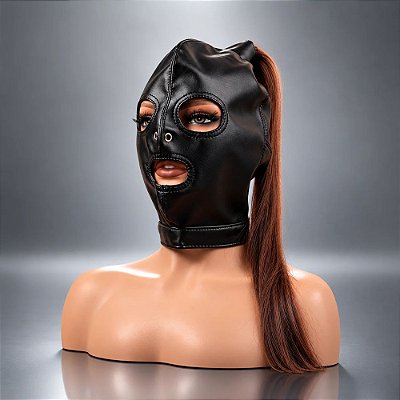 Capuz Máscara Três Aberturas Frontais – Couro PU Com Rabo De Cavalo – Ponytail