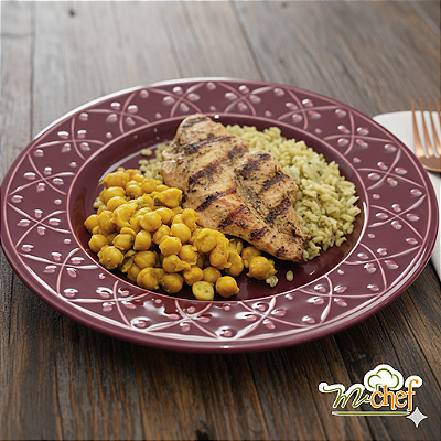 Filé de frango grelhado + Arroz integral com espinafre + Grão de bico com açafrão (340g)