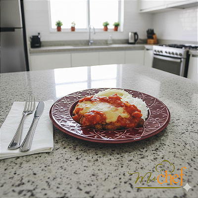 Parmegiana de Filé Mignon + Purê de batata inglesa + Arroz Branco (440g)