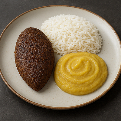 Quibe ao forno recheado com queijo + Purê de banana da terra + Arroz Branco (340g)