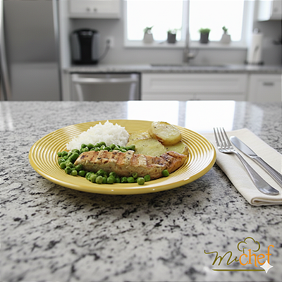 Salmão com ervas + Ervilhas Frescas + Arroz Branco + Batata doce rústica (390g)