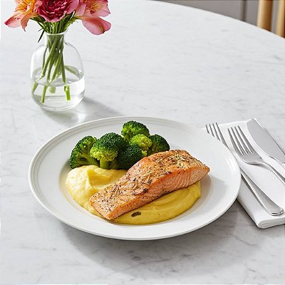 Salmão com ervas + Purê de Banana da terra + Brócolis (340g)