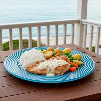 Filé de Frango Au Gratin + Arroz Branco + Mix de Legumes (390g)