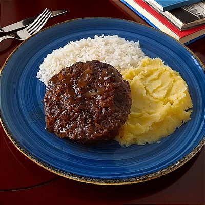 Hambúrguer com Cebolas Caramelizadas + Arroz Branco + Purê de Batata Inglesa (420g)