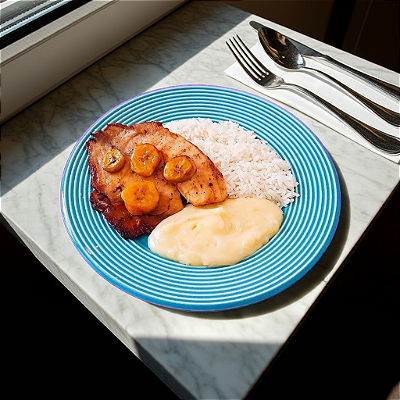 Tilápia com Banana da Terra + Arroz Branco + Purê de aipim (360g)
