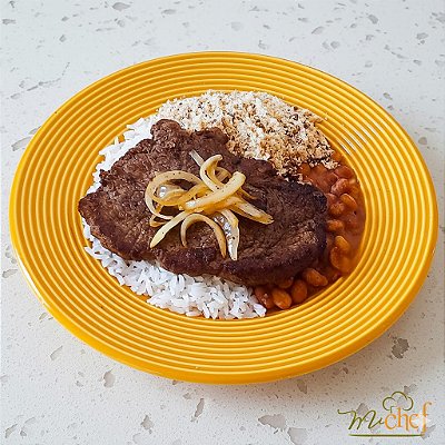 Filé Mignon acebolado + Arroz Branco + Feijão Carioquinha + Farofa Crocante (410g)