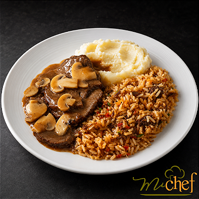 Rosbife de Filé Mignon ao molho de Champignon + Arroz de Costela + Purê de Aipim ( 420 g) | Embalada a vácuo