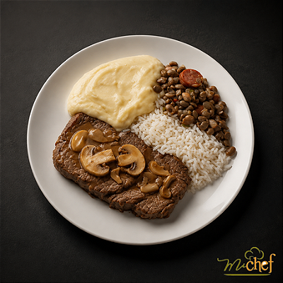 Rosbife de Filé Mignon ao molho de Champignon + Arroz Branco + Feijão Verde Sertanejo + Purê de Aipim (490g)