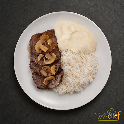 Rosbife de Filé Mignon ao molho de Champignon + Arroz Branco + Purê de Aipim (390g) | Embalado a vácuo
