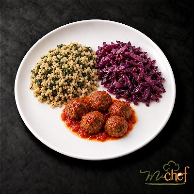 Almôndegas de Carne ao Sugo + Arroz Integral com Espinafre + Repolho Roxo com Ervas (370g) | Embalado a Vácuo