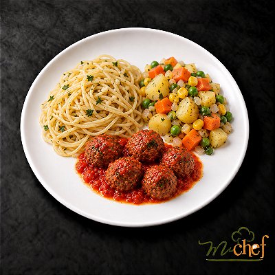 Almôndegas de Carne ao Sugo + Espaguete ao Alho e Óleo + Mix de Legumes (500g) | Embalado a Vácuo