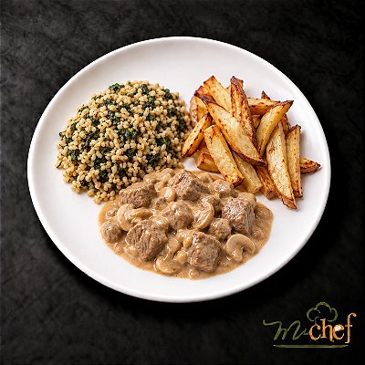 Estrogonofe de Filé Mignon + Arroz Integral com Espinafre + Batata-Doce Rústica (370g) | Embalado a Vácuo