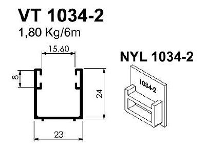 VT-1032- TRILHO DE BAIXO UNICO 8/10 MM VIDRO TEMPERADO 1,80 KG BARRA 6,00 ML