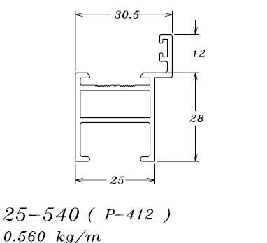 25-540 (P-412) 3,36  KG POR BARRA 6,00 ML LINHA 25 ESQUADRIA DE ALUMINIO