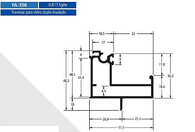 FA-396   4.90 KG POR BARRA 6,00 ML FACHADA ATLANTA  ESQUADRIA DE ALUMINIO