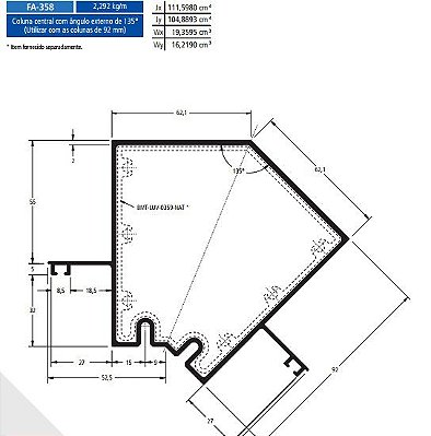 FA-358  13.72 KG POR BARRA 6,00 ML FACHADA ATLANTA  ESQUADRIA DE ALUMINIO