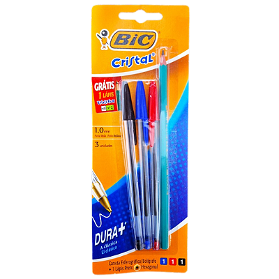 Caneta Esferográfica Cristal 1.0mm 3 Unidades Cor Clássica e Lápis Bic